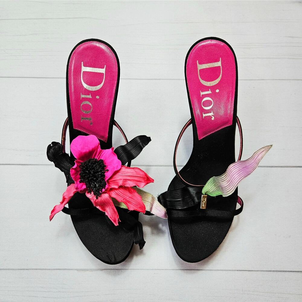 Y2k Dior Heels Hawaii Glamour Mules Black Satin Flower Detail Rare - Size 37 EU - Picture 6 of 16